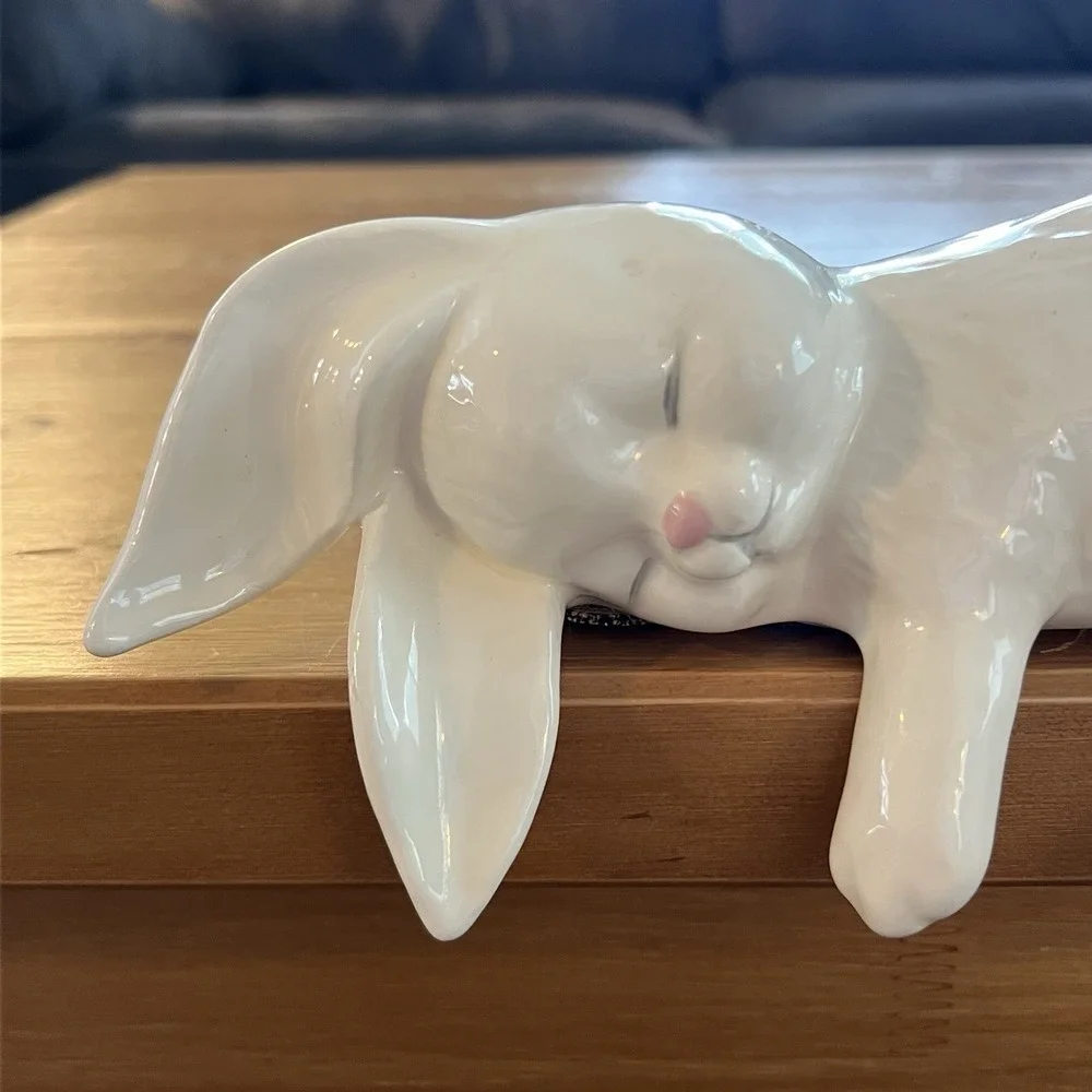 White Ceramic Sleeping Bunny Rabbit Shelf Sitter Figurine Whimsical Home Decor